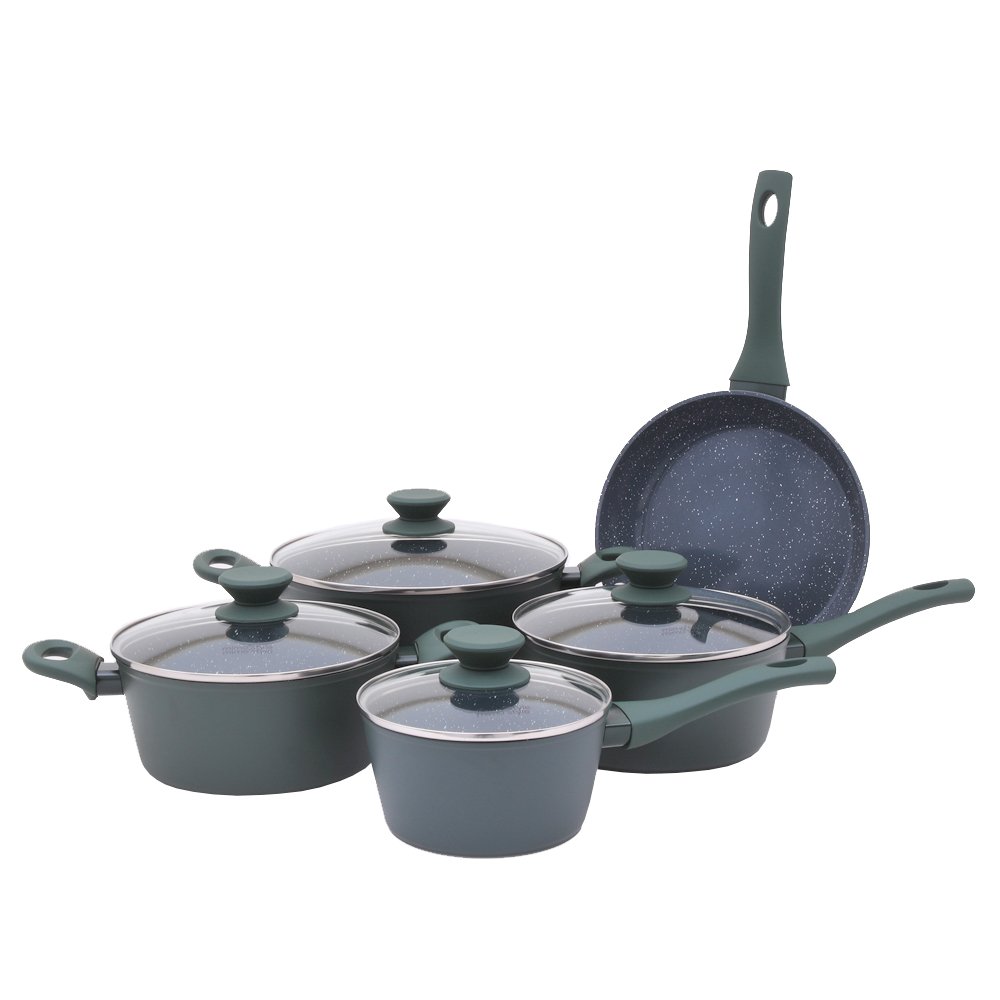 Mimo Style Conjunto 5 Panelas Indução Jade Cook Alumínio Revestida em Cerâmica Base Tripla em Alto Relevo. Tampa Vidro