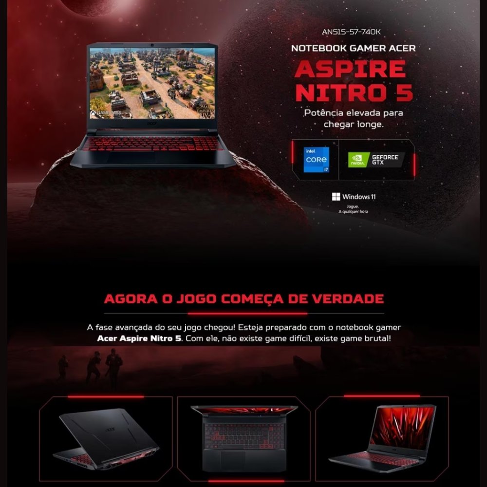 Notebook Gamer Acer Nitro 5 GeForce GTX 1650 15.6" 144Hz Full HD Intel Core i7 11ª Geração 8GB 512GB SSD Windows 11
