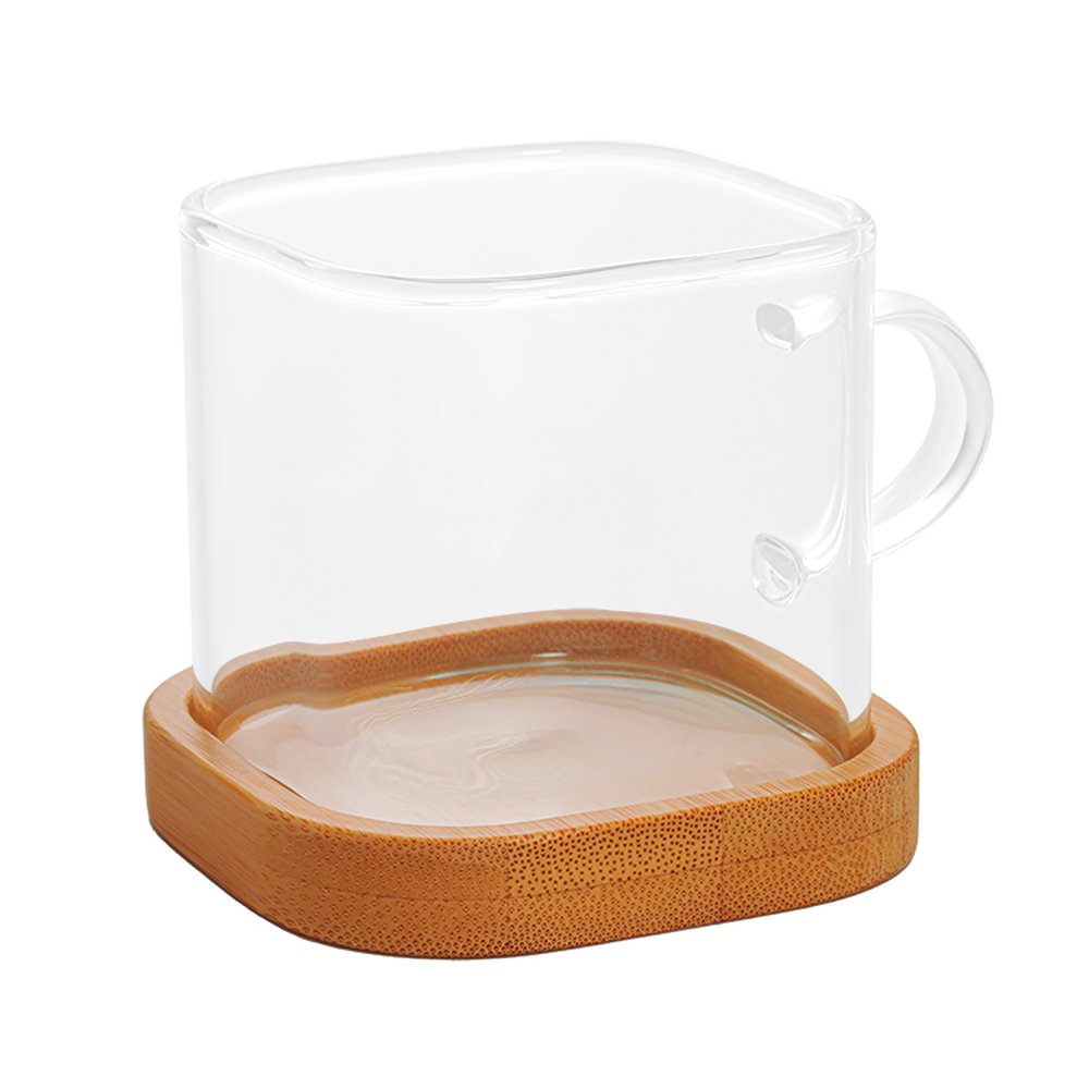 Dupla Caneca Quadrada 130ml Vidro Borossilicato Possui Base de Bambu Mimo Style