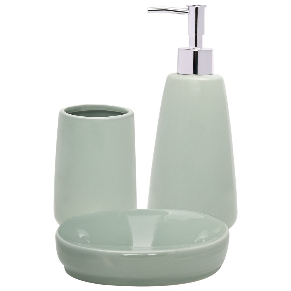 Jogo de Banheiro Pale Verde Inteiramente de Cerâmica. Conjunto de 03 Peças: Porta Sabonete (410ml), Saboneteira e Porta Escova.