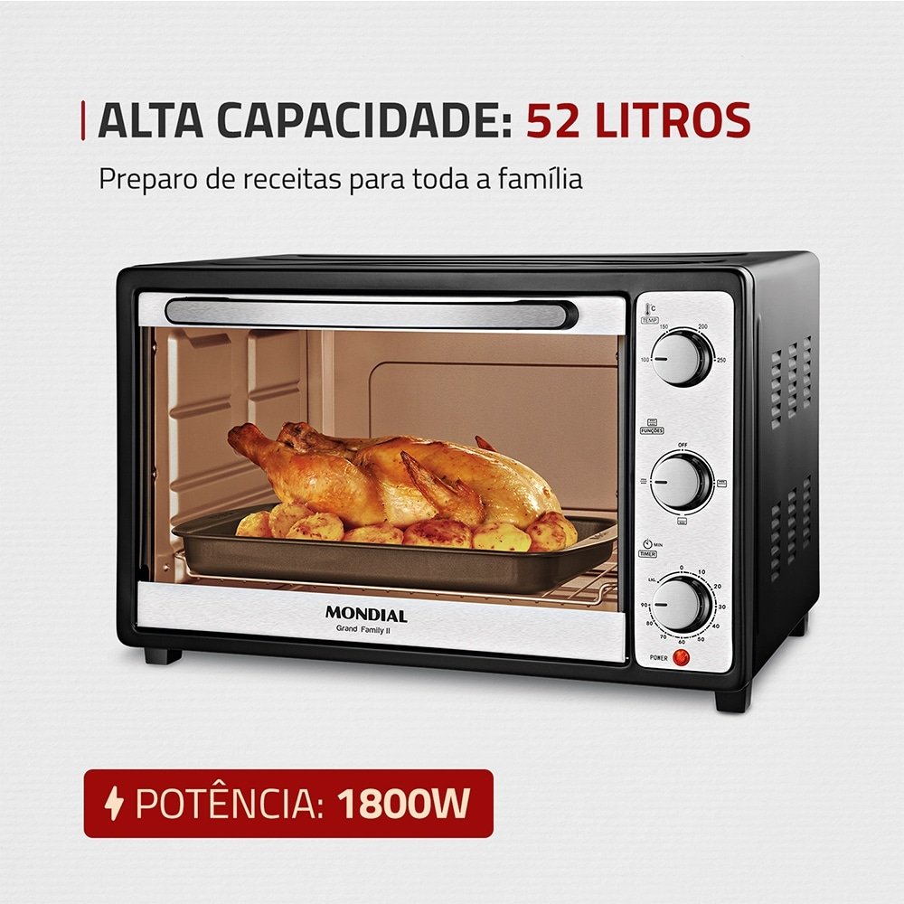 Forno Elétrico de Bancada Mondial 52 Litros FR-52 Grand Family II 1800W Preto/Inox 220V