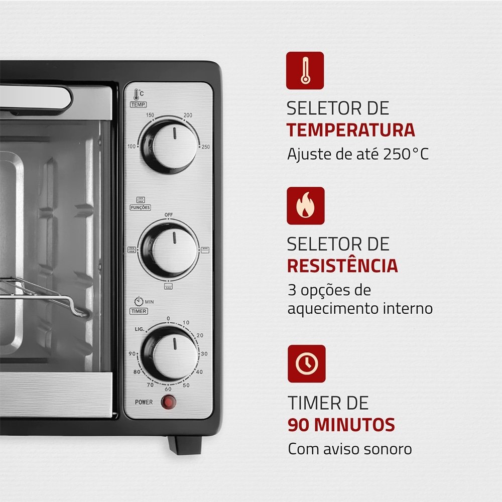Forno Elétrico de Bancada Mondial 52 Litros FR-52 Grand Family II 1800W Preto/Inox 220V