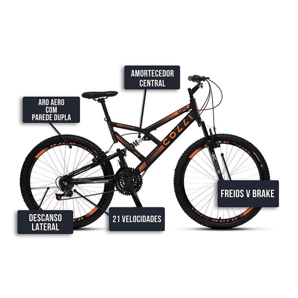 Bicicleta Adulto Colli GPS26 Aro 26, quadro tamanho 19, Dupla Suspensão, preto/laranja