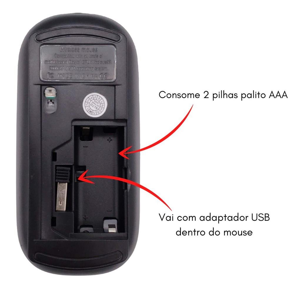 Mouse Sem Fio Slim Optico 3 Botões Adaptador Wireless Scroll Preto