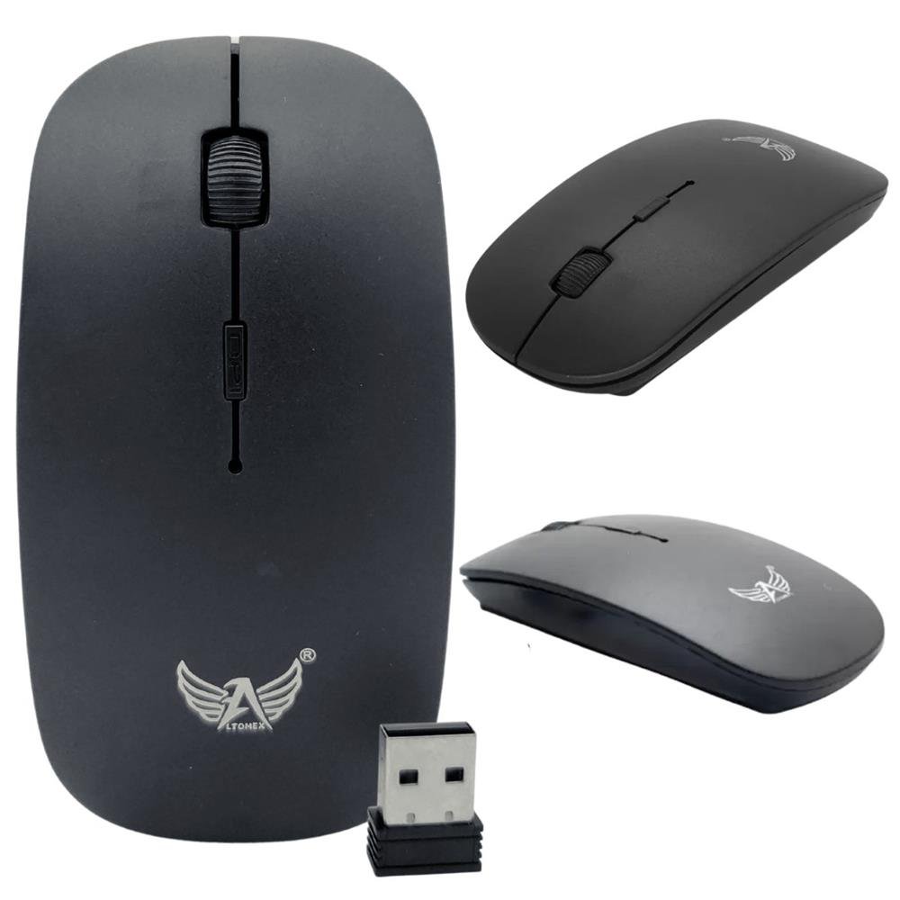 Mouse Sem Fio Slim Optico 3 Botões Adaptador Wireless Scroll Preto