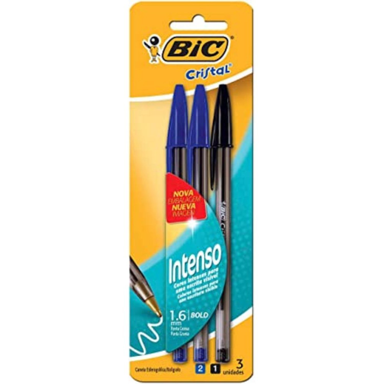 Caneta Esferográfica Bic Cristal Intenso, Azul e Preta, Ponta Grossa 1.6mm, Bold, Blister Com 3 Uni