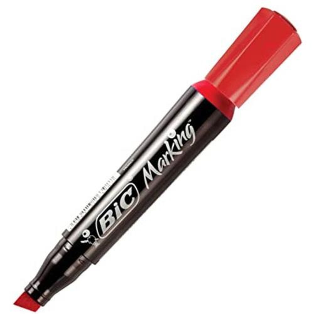 Pincel Marcador Permanente Bic Marking Vermelho Recarregável Ponta Chanfrada Com 12 Unidades