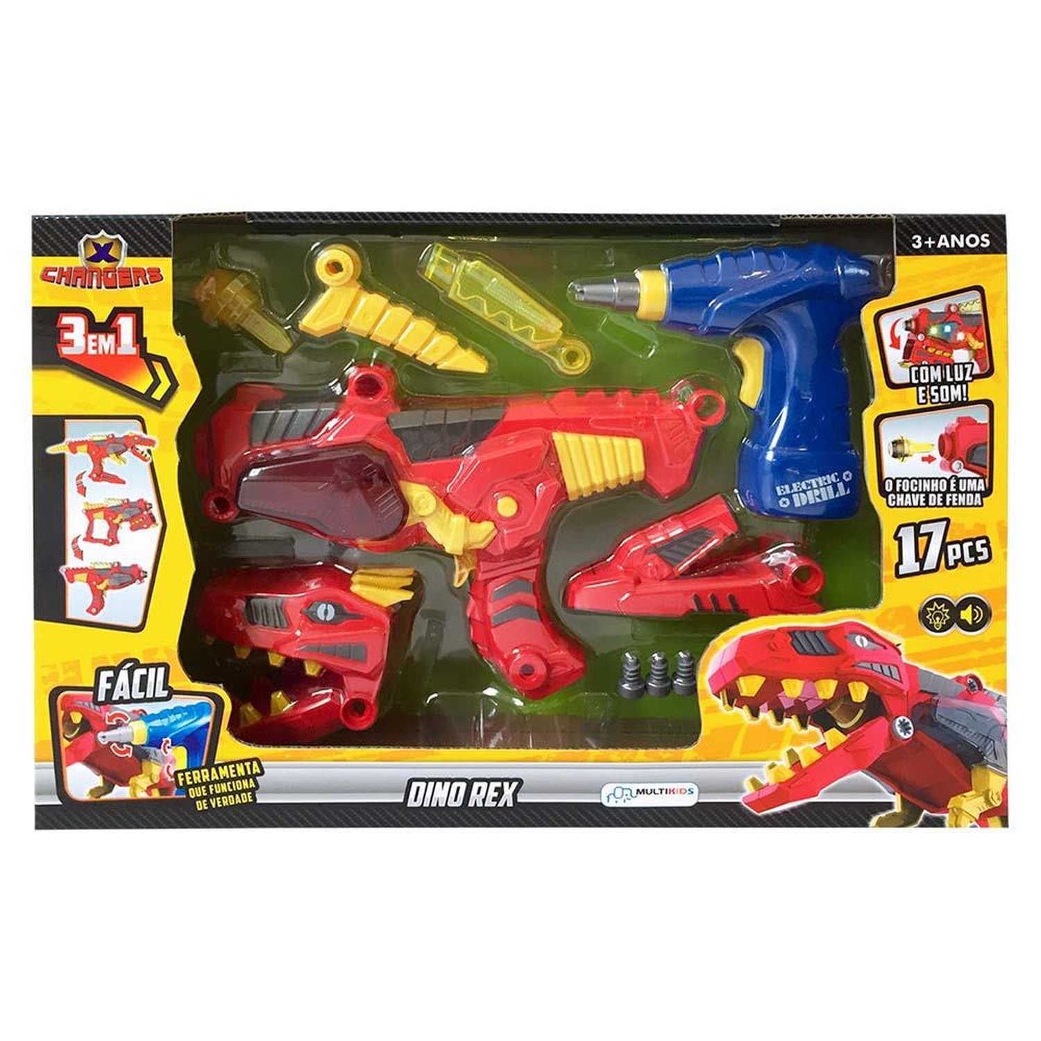 X Changers Junior Modelo Dino Rex 3 em 1 Emite Luz e Som Indicado para +3 Anos Vermelho Multikids -