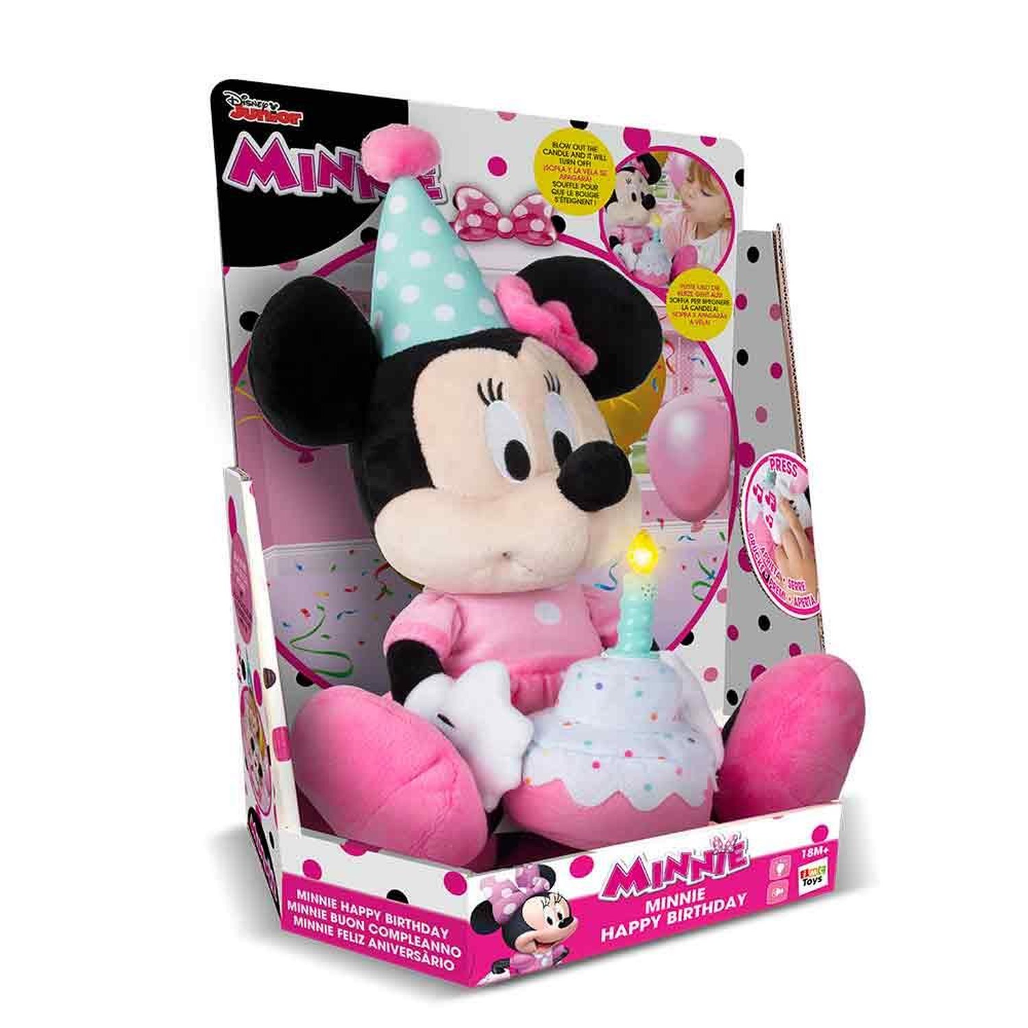 Pelúcia Minnie Happy Birthday com Som Alimentação por 3 Baterias LR44 Indicado para +18 Meses Multi