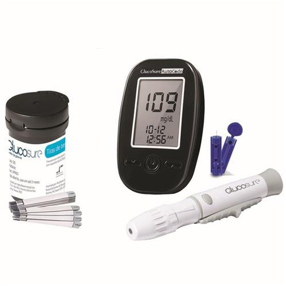 Kit Monitor de Glicemia Glucosure Auto Code + 100 Tiras de Glicemia + Lancetador + Lancetas e Bolsa Multilaser - HC160