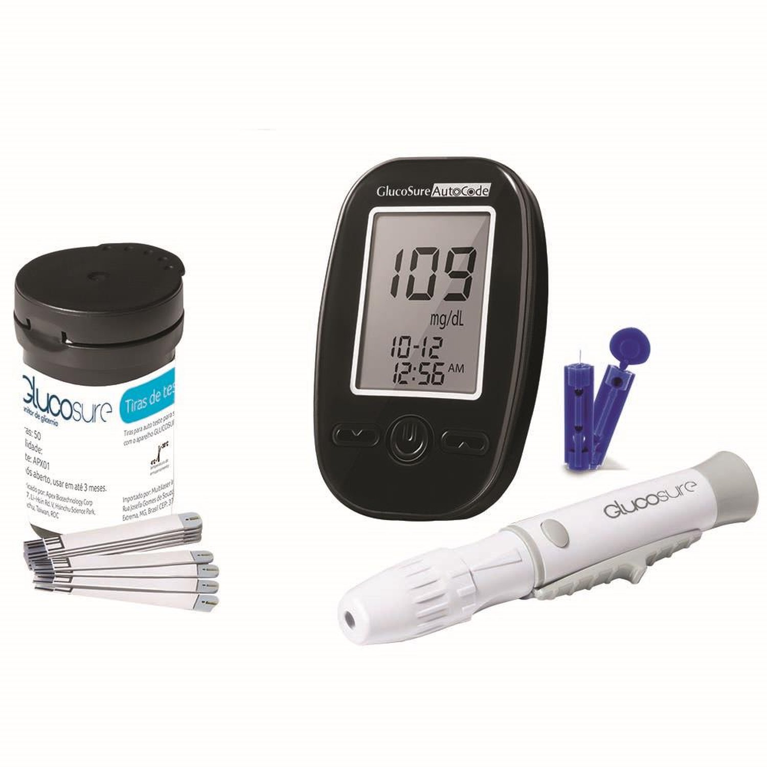 Kit Monitor de Glicemia Glucosure Auto Code + 100 Tiras de Glicemia + Lancetador + Lancetas e Bolsa