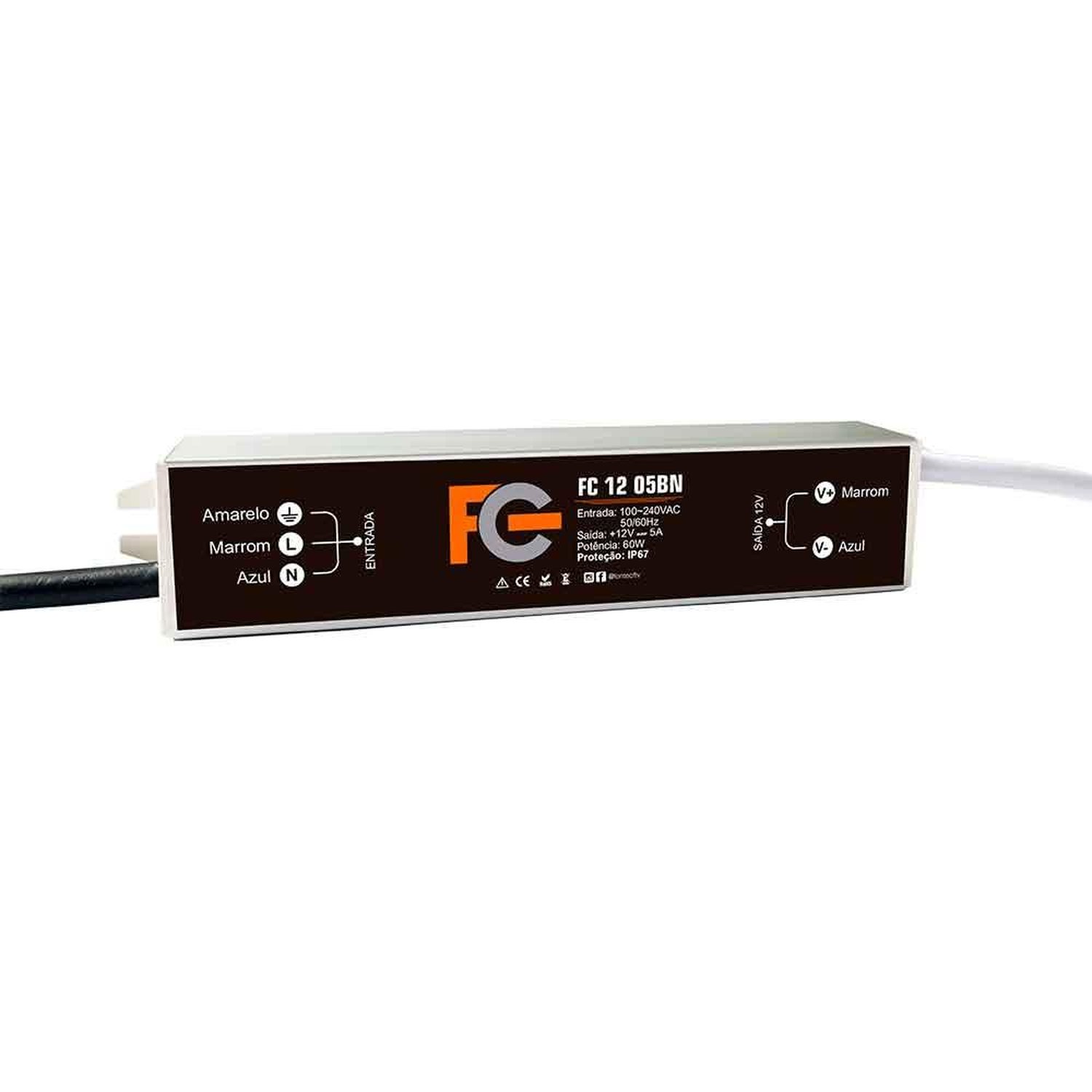 Fonte Blindada Fc, 12V, 5A, 60W, Ip67, Led, Cinza