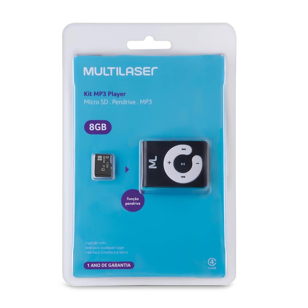 Kit Mp3 Player 80 mAh + Cartão de Memória Micro SD até 20MB/s 8GB + Cabo Micro USB Preto Multilaser - MC300