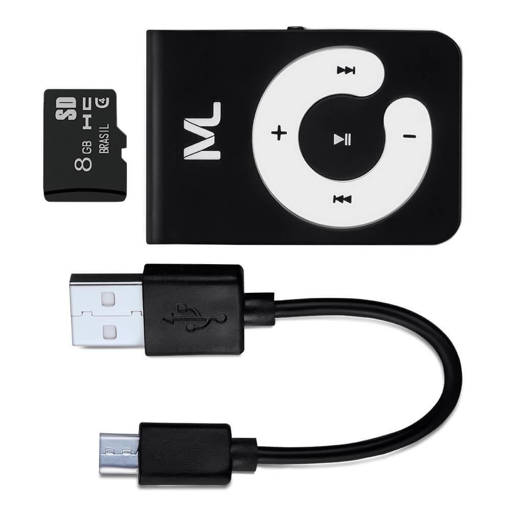 Kit Mp3 Player 80 mAh + Cartão de Memória Micro SD até 20MB/s 8GB + Cabo Micro USB Preto Multilaser - MC300