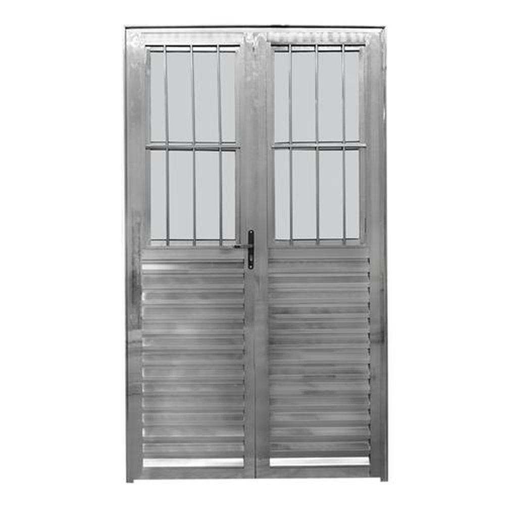 Porta De Giro Folha Dupla Em Aluminio Natural 100X210 Cm Com Grade E Postigo Vidro Liso De 4 Mm