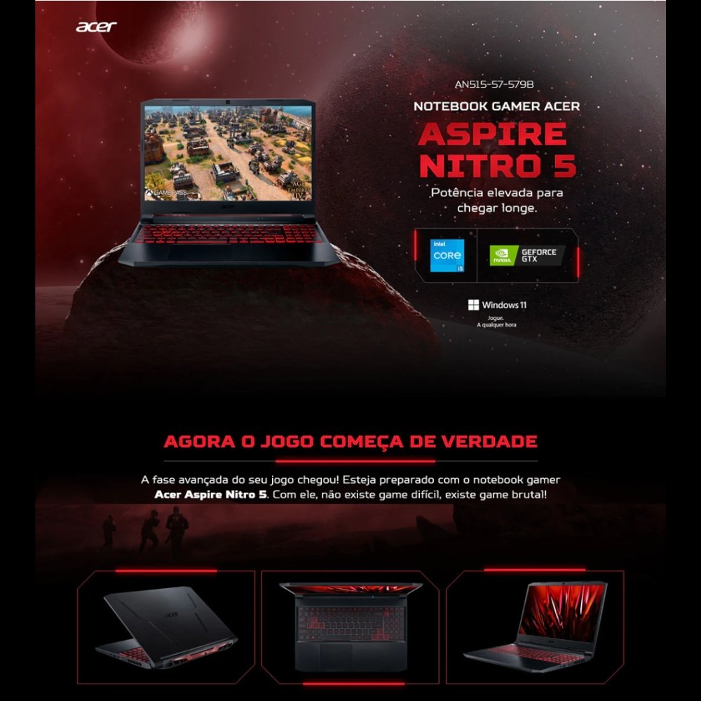 Notebook Gamer Acer Nitro 5 GeForce GTX 1650 15.6" 144Hz Intel Core i5 11ª Geração 8GB 256GB SSD 1TB HD Windows 11