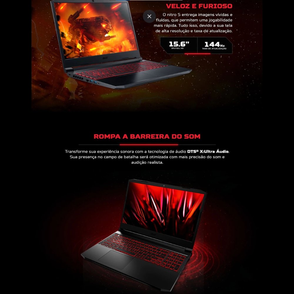 Notebook Gamer Acer Nitro 5 GeForce GTX 1650 15.6" 144Hz Intel Core i5 11ª Geração 8GB 256GB SSD 1TB HD Windows 11