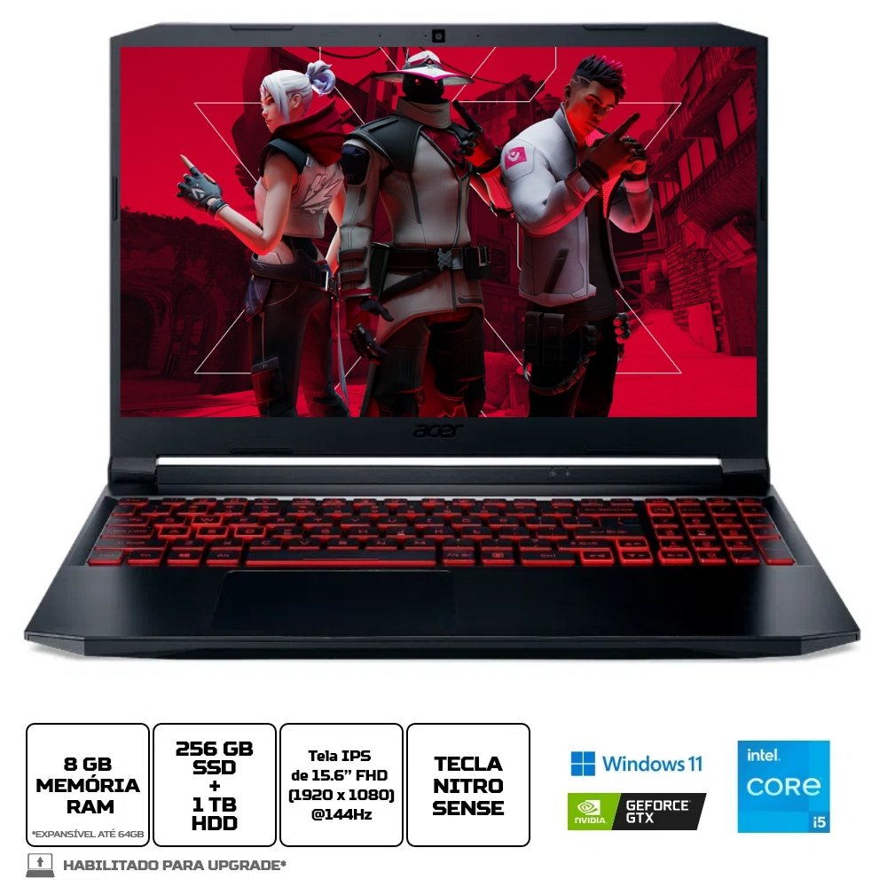Notebook Gamer Acer Nitro 5 GeForce GTX 1650 15.6" 144Hz Intel Core i5 11ª Geração 8GB 256GB SSD 1TB HD Windows 11
