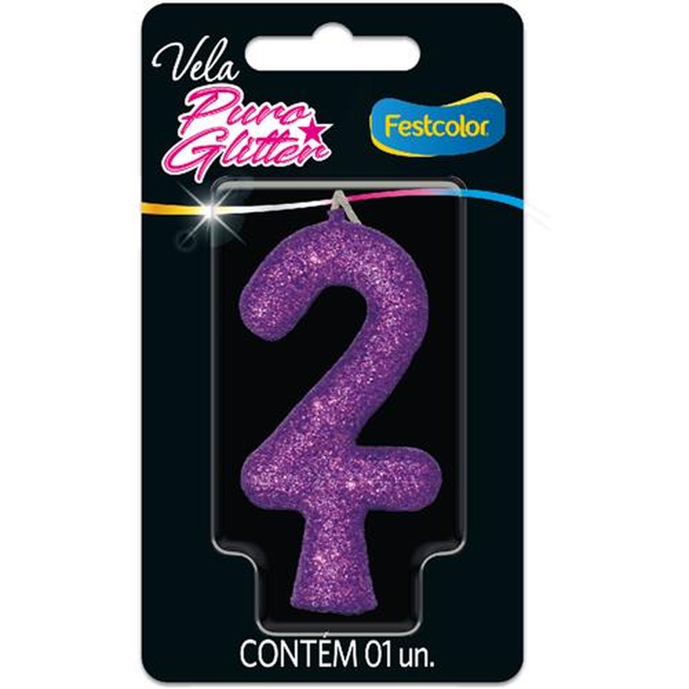 Vela Puro Glitter Roxa N 2 - Embalagem com 1 unidade.