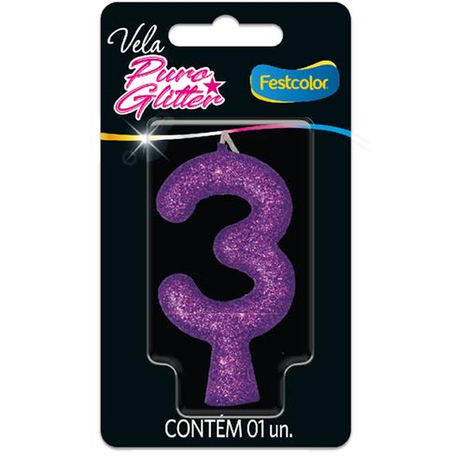 Vela Puro Glitter Roxa N 3 - Embalagem com 1 unidade.