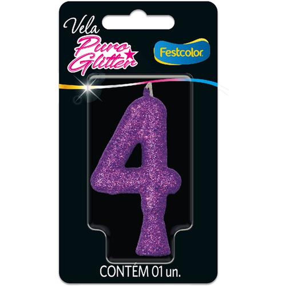 Vela Puro Glitter Roxa N 4 - Embalagem com 1 unidade.