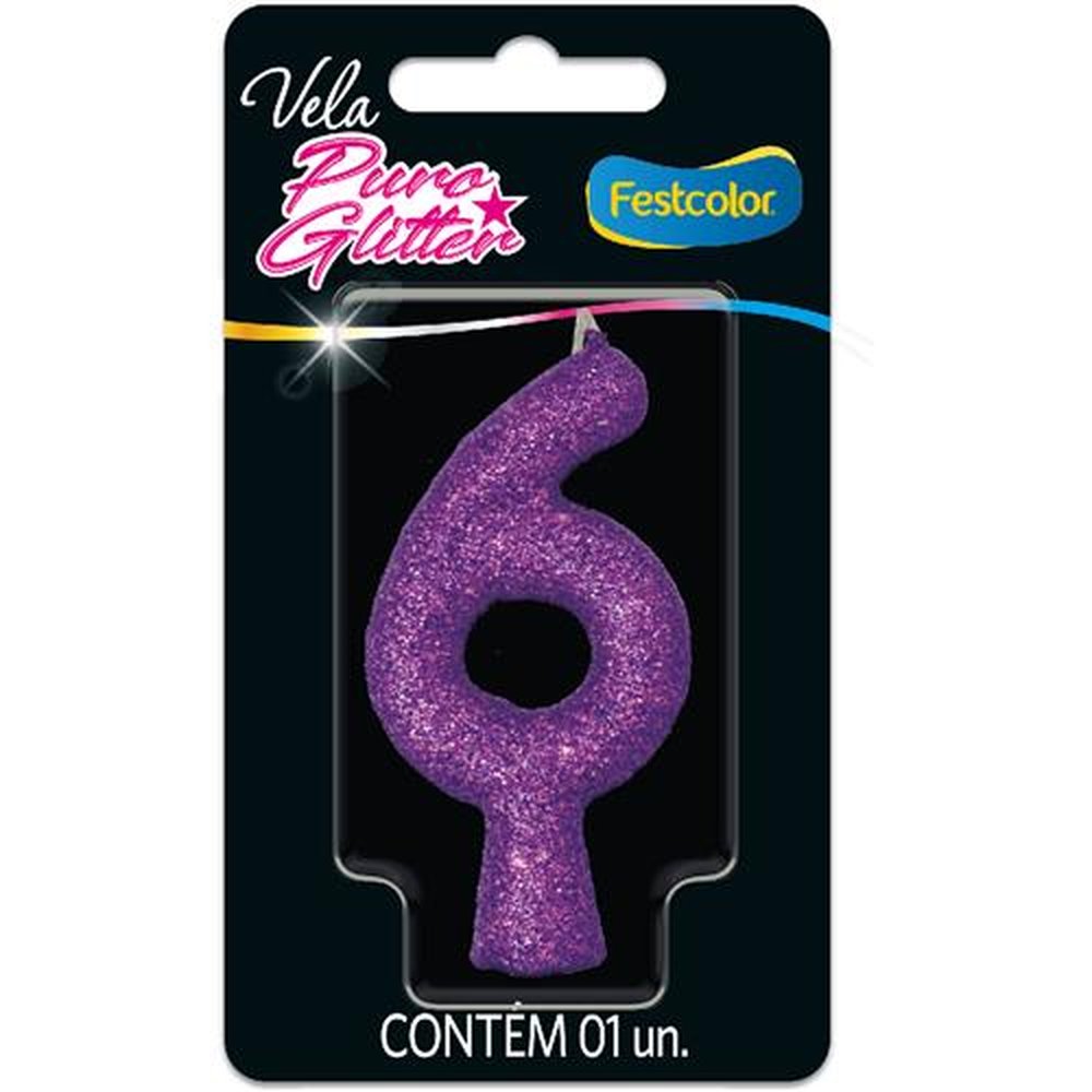 Vela Puro Glitter Roxa N 6 - Embalagem com 1 unidade.