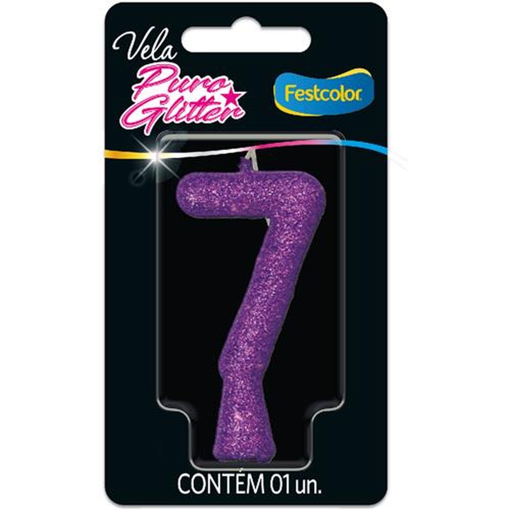 Vela Puro Glitter Roxa N 7 - Embalagem com 1 unidade.