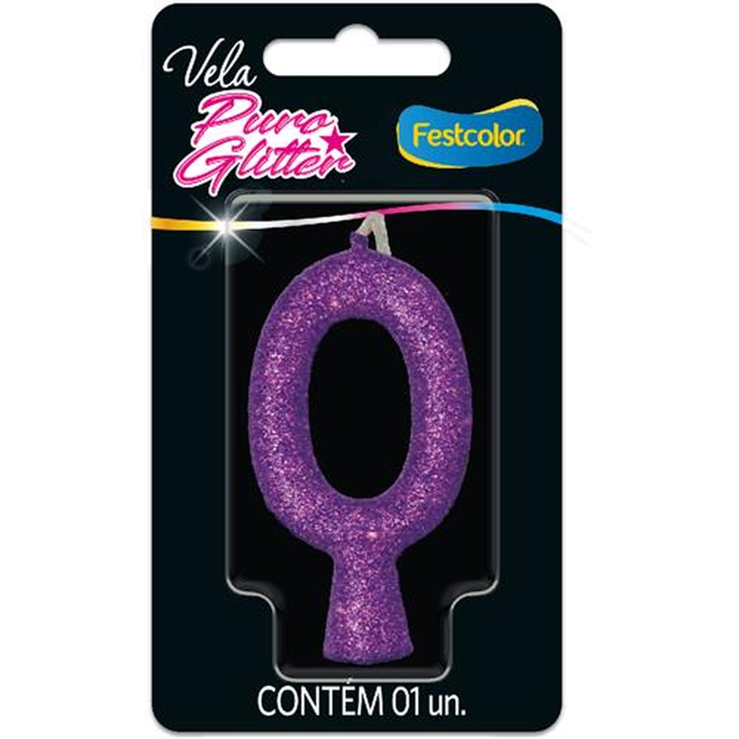 Vela Puro Glitter Roxa N 0 - Embalagem com 1 unidade.