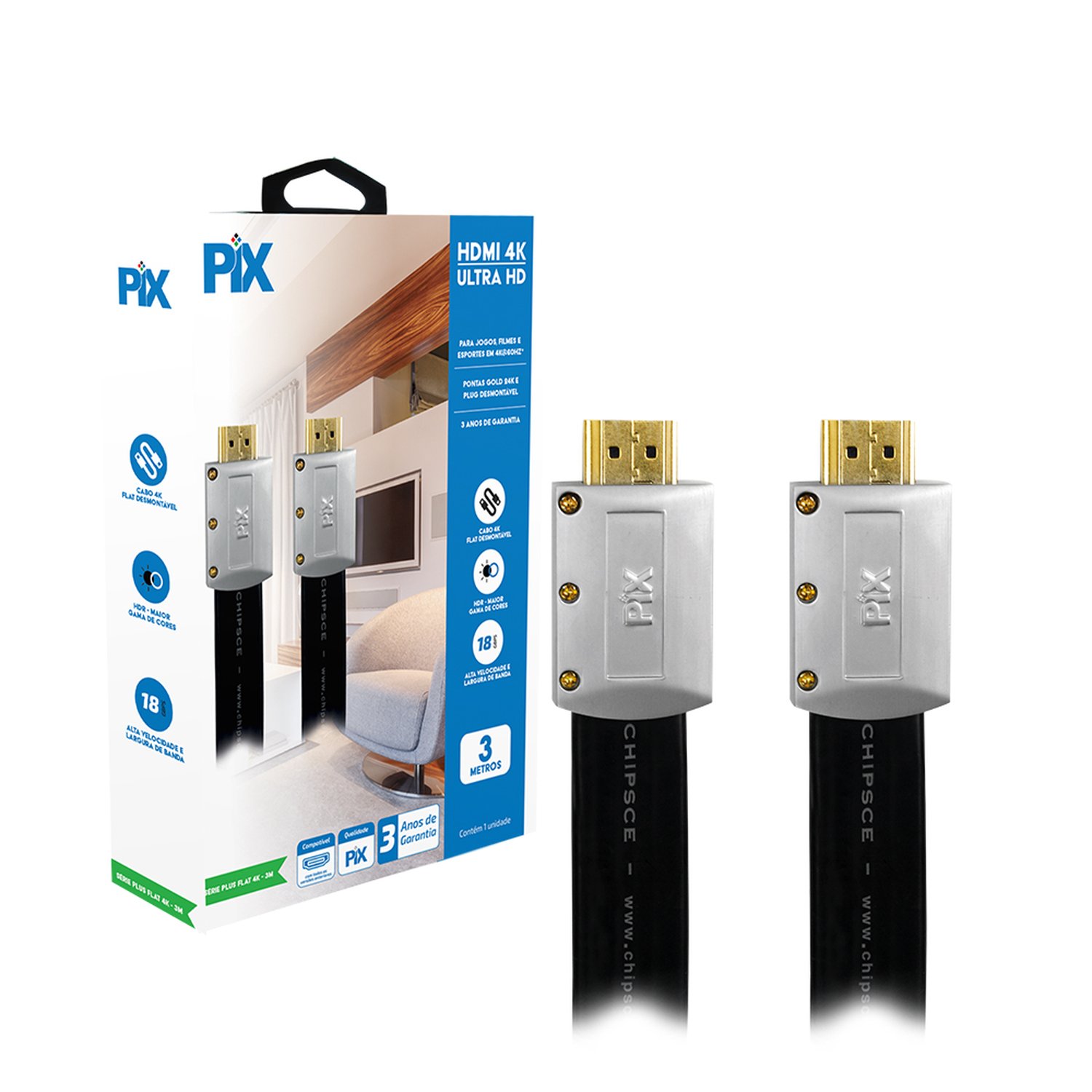 Cabo HDMI 2.0 - 4K HDR 19p - 30AWG - 3m - Flat Desmontável