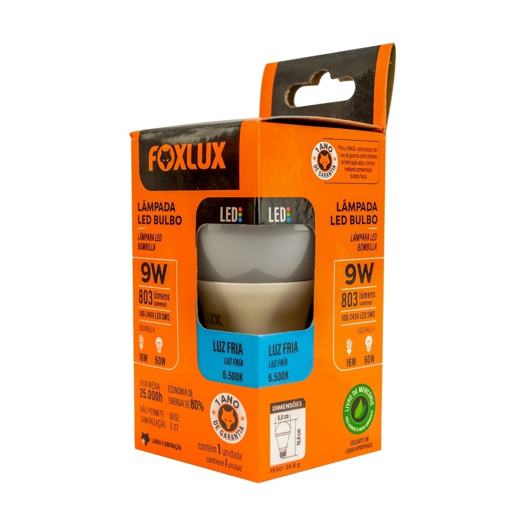 Lâmpada LED Fox Lux Bulbo 9W - 803 Lumens, 6500K, Bivolt - Embalagem 10 Unidades