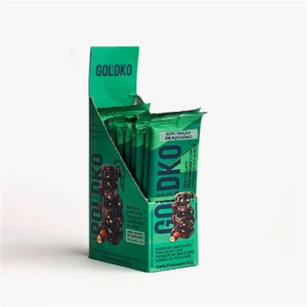 Barra De Chocolate 70% Cacau Com Avelã Goldko Zero Açúcar Display Com 10 Unidades De 20g