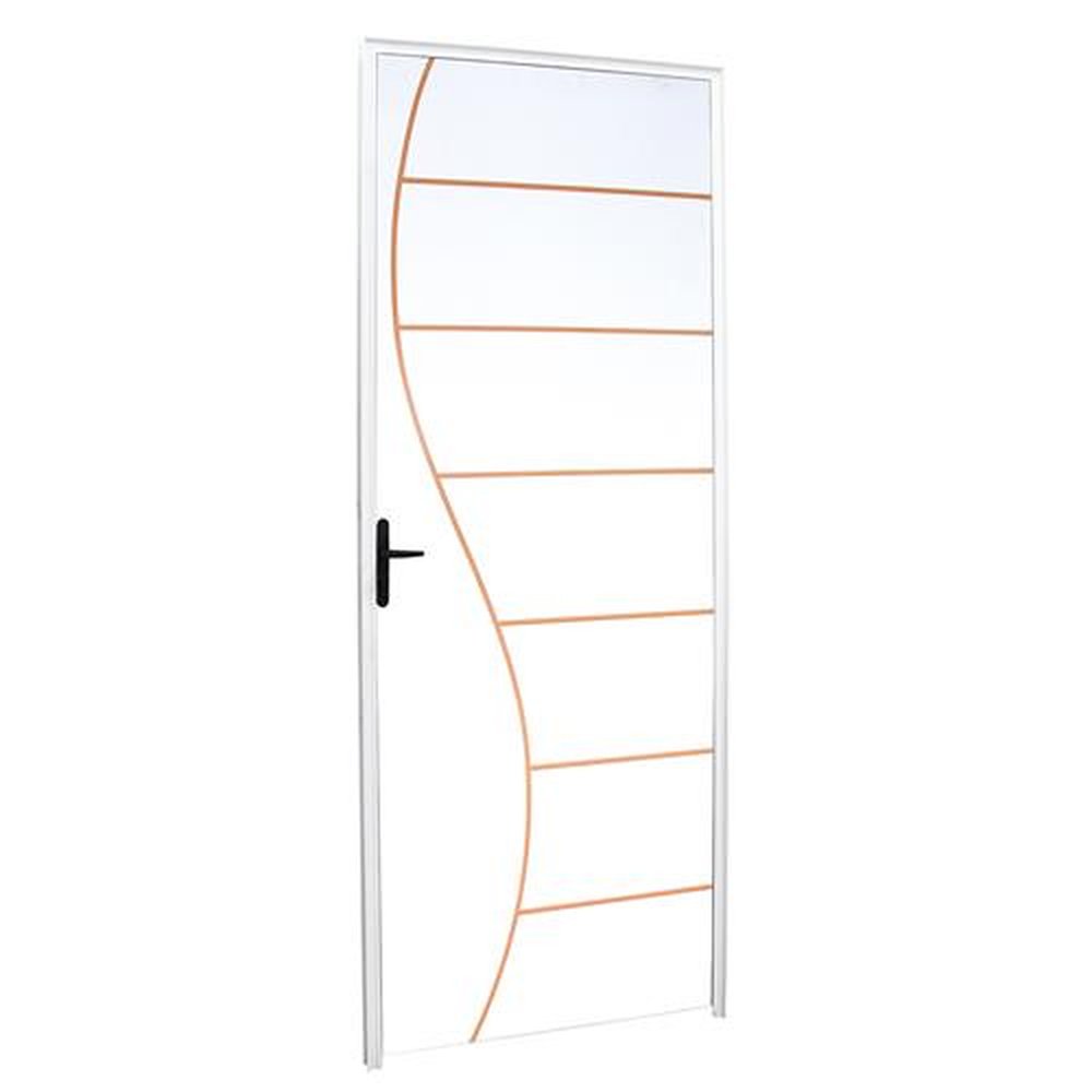 Porta Prensada Modelo CLM Branca 90X210 Desenhada 02 com Batente Aluminio Branco Direita