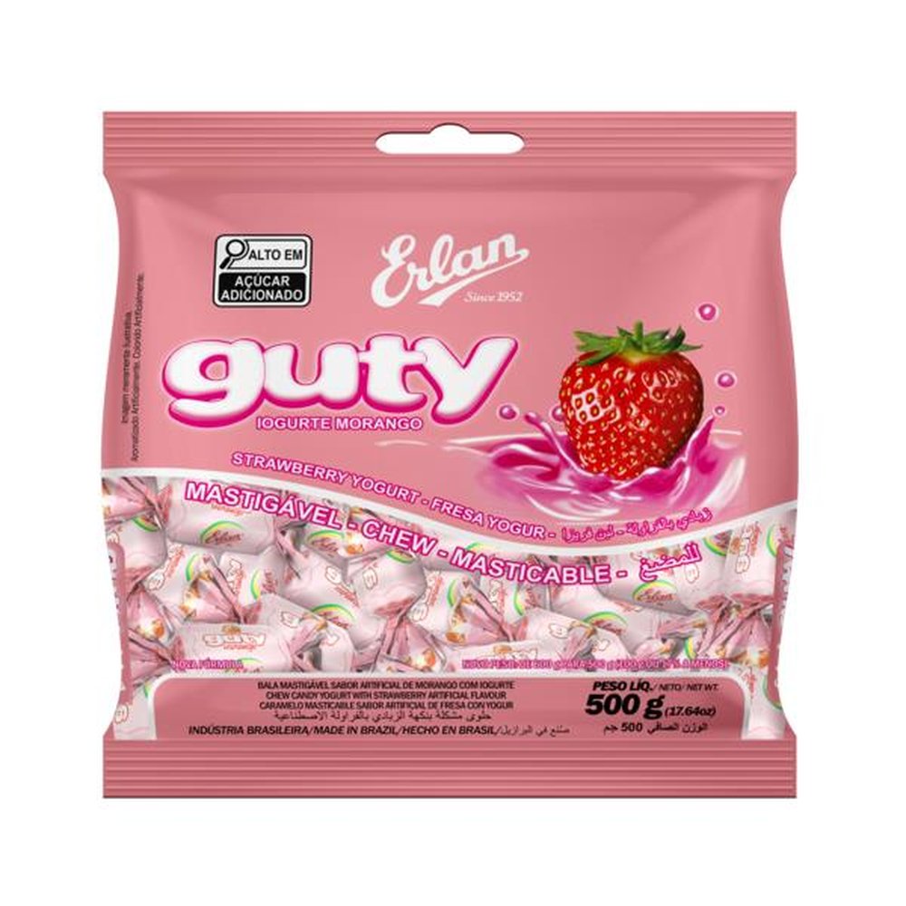 Bala Mastigavel Guty Morango Caixa com 26 unidades de 500g