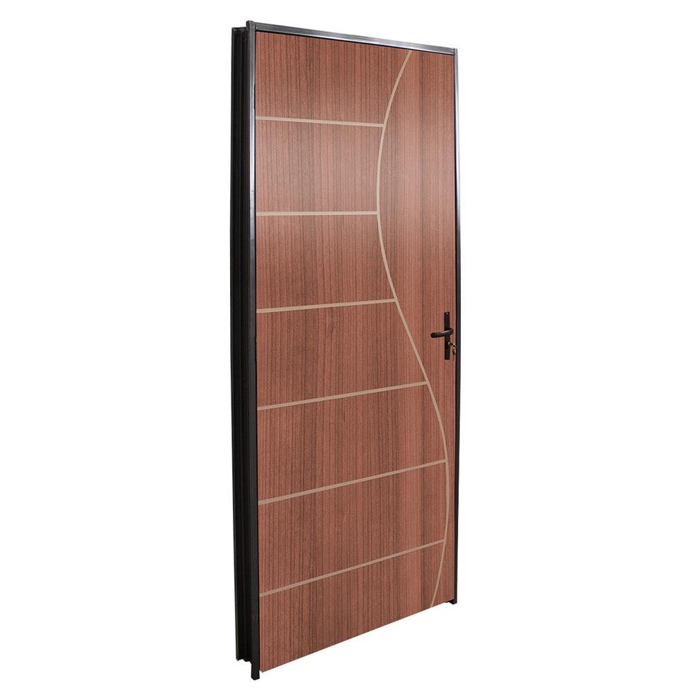 Porta Prensada Modelo CLM Mogno 80X210 Desenhada 02 com Batente Aço (120) Abertura Esquerda