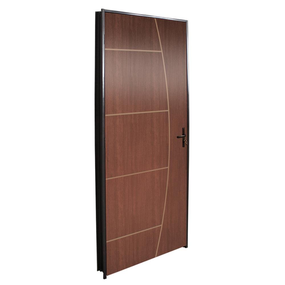 Porta Prensada Modelo CLM Mogno 80X210 Desenhada 01 com Batente Aço(120) Abertura Direita
