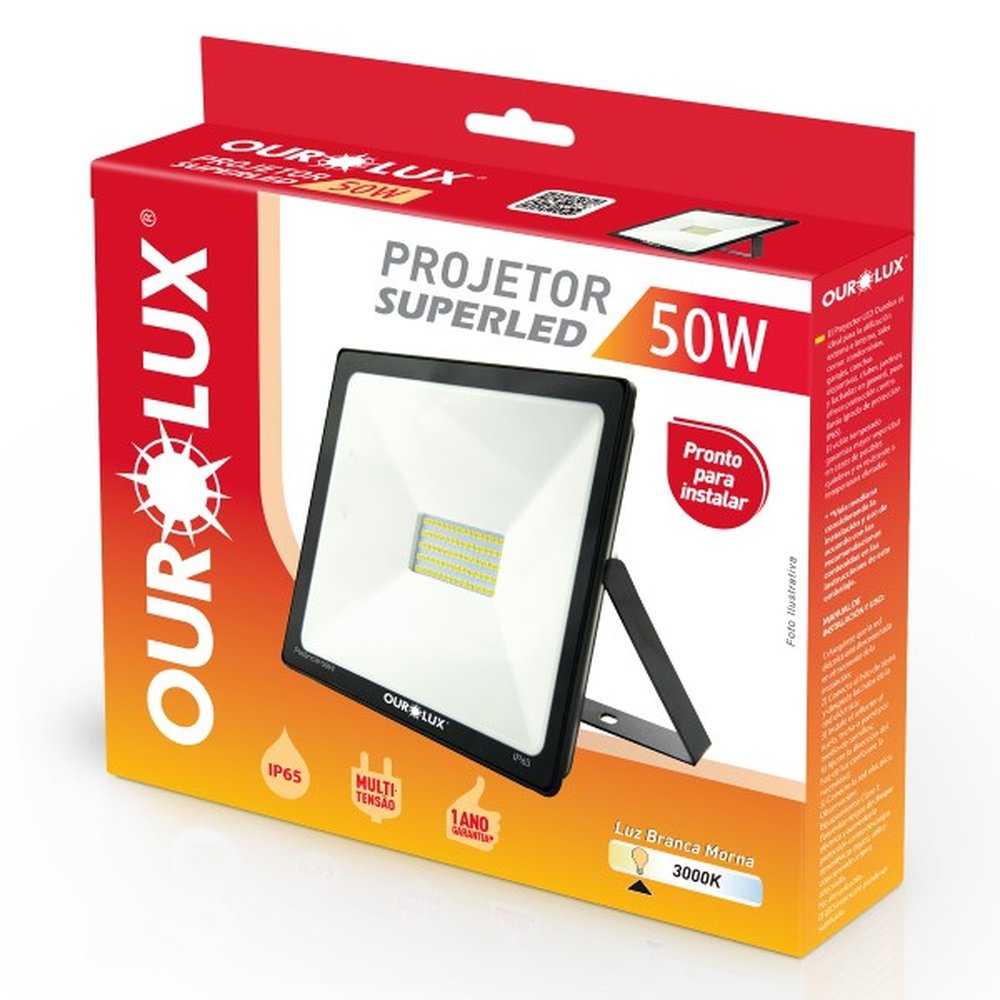 Projetor/Refletor Led Slim 50W Biv Preto 3000K