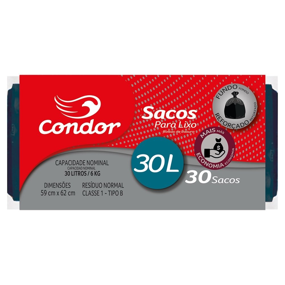 Saco de Lixo Condor Rolo Preto 30 Litros - Embalagem com 30 Unidades