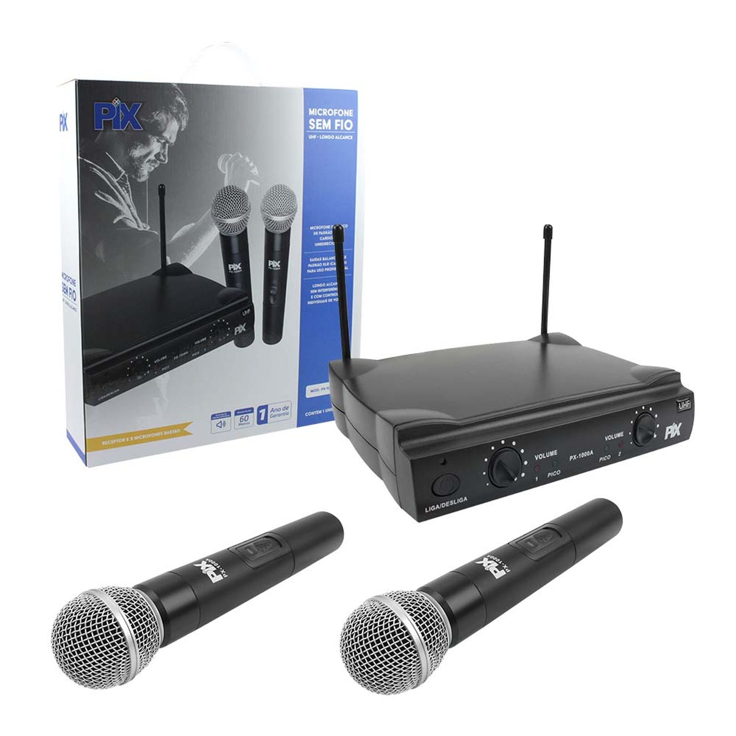 Microfone Sem Fio Com Receptor E 2 Microfones Bastão 566,00 + 596,00 MHz