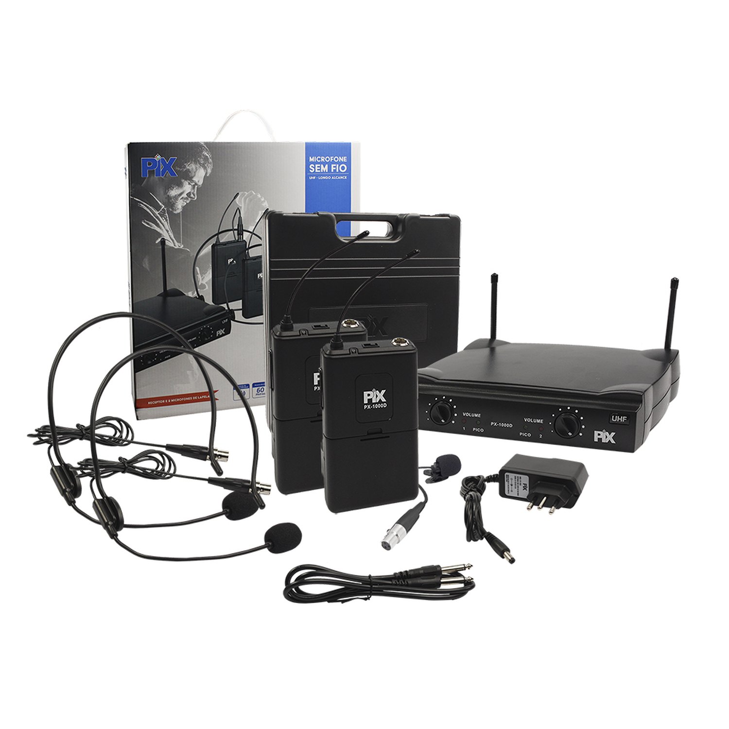 Microfone Sem Fio Com Receptor E 2 Microfones De Headset Lapela 595,10 + 632,10 MHz