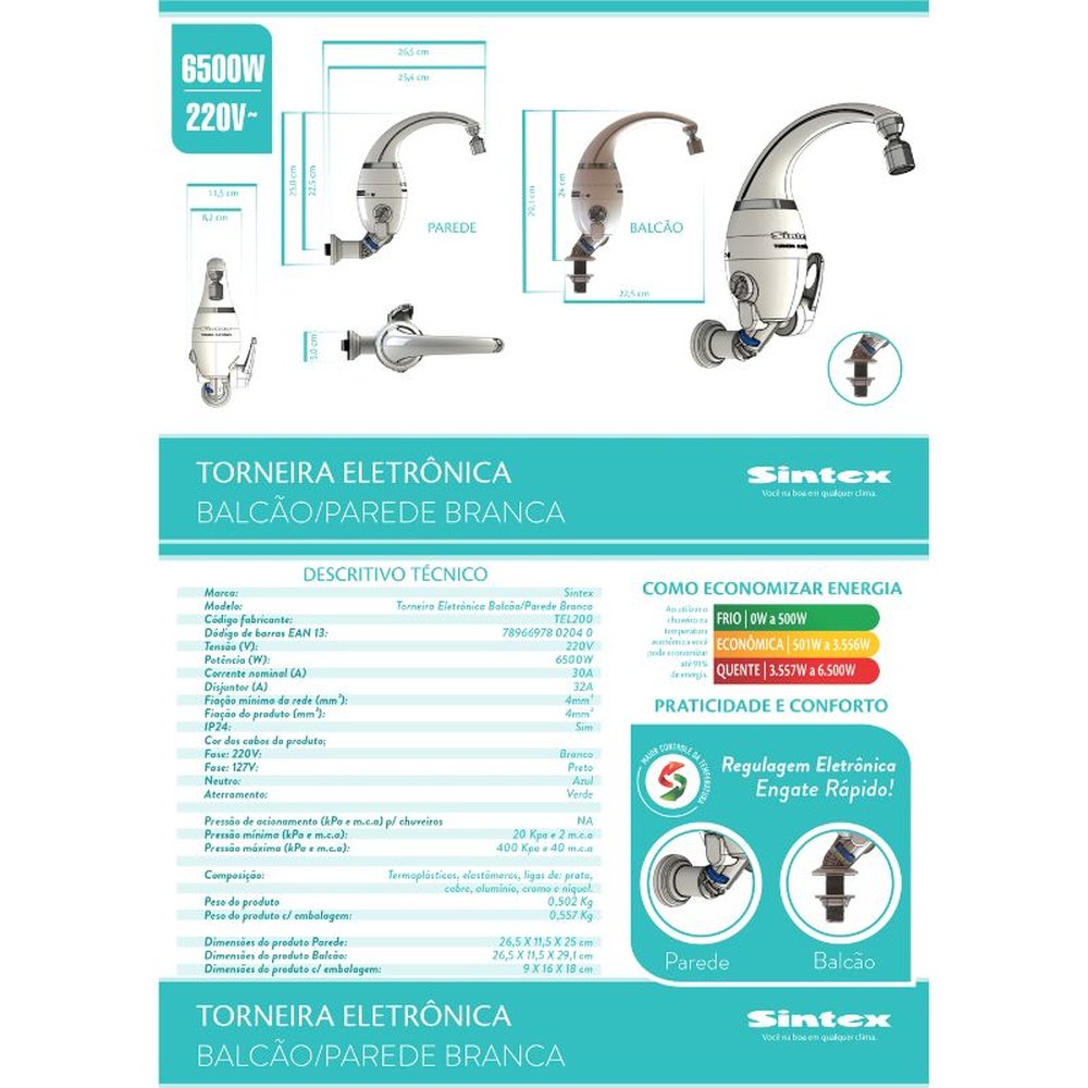 Torneira Elétrica Eletrônica Branca 220v 6500w - TEL200 - Sintex