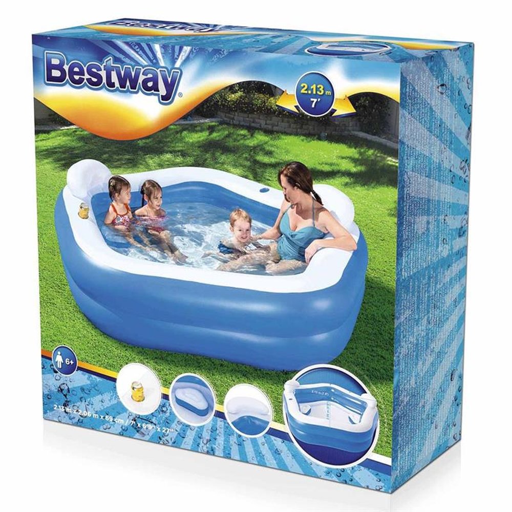 Piscina Inflável 575L Pentágono 2,13m x 2,06m x 69cm c/ 2 encostos + 2 porta copos + 2 banquinhos Bestway 54153