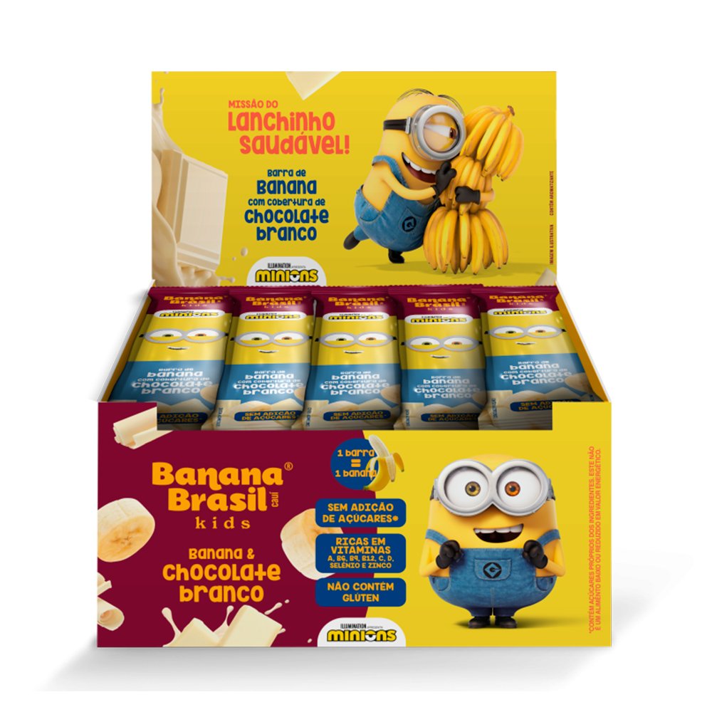 Barra de Banana Kids Minions Banana Brasil Cobertura Chocolate Branco 20x22g