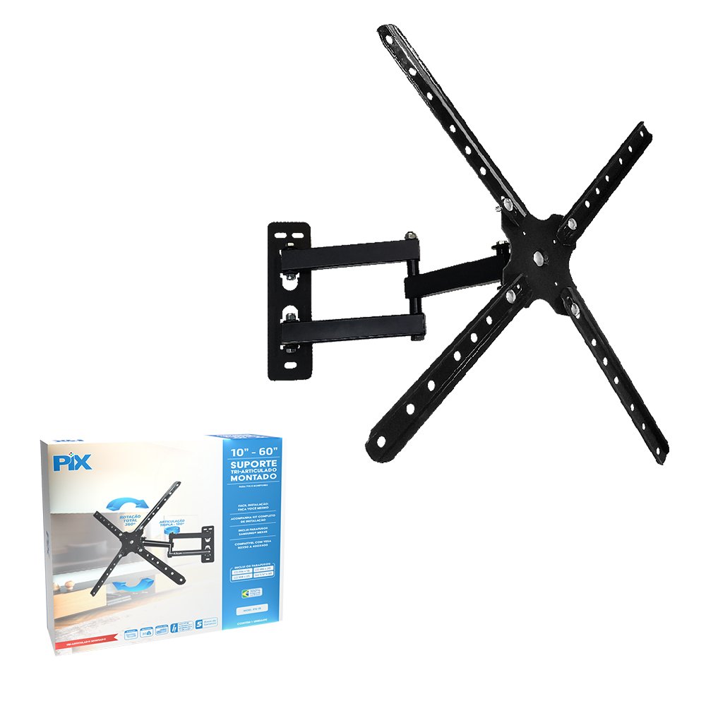 Suporte TV Tri-Articulado 10"a 60" ( Montado ) - Preto - Marca PIX