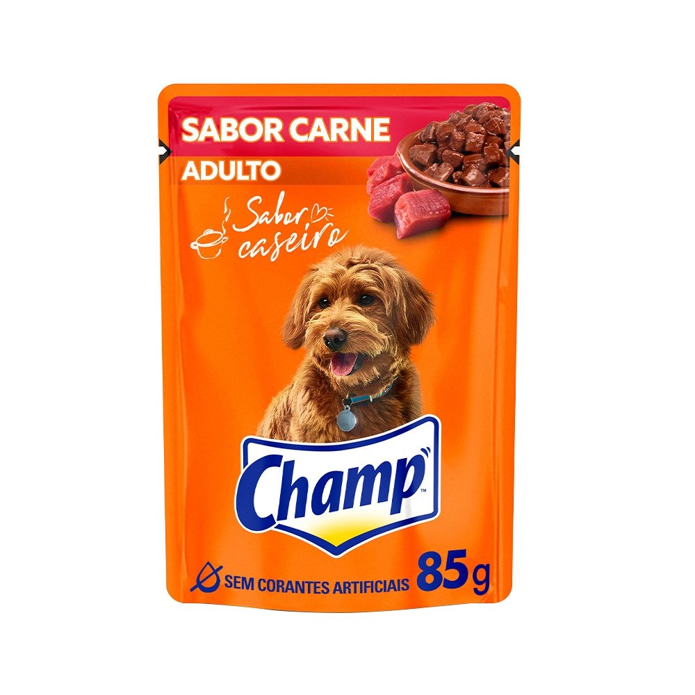 Ração para Cachorro Champ Adulto Sabor Carne Sachê 85g Embalagem com 20 Unidades