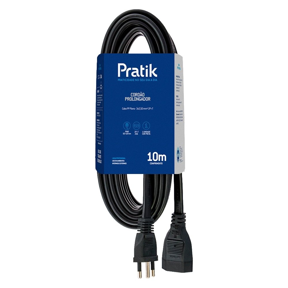 Extensão Pratik Prolongador Cabo PP Plano 3x2,50x10m 20A/220V Preto
