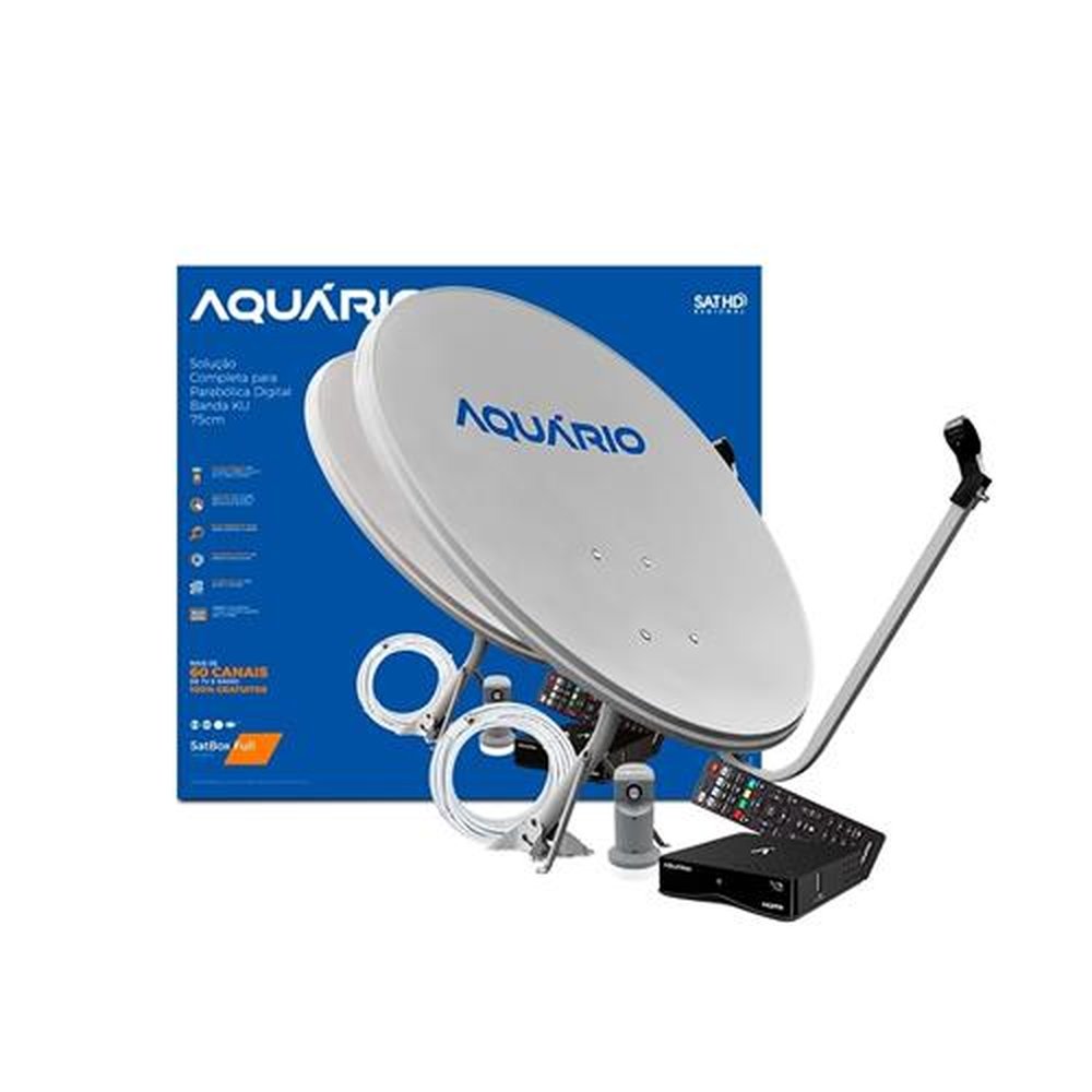 Kit Antena Aquário KU DTH-9075 com Receptor Digital+Cabo Coaxial+LNBF Universal 75cm