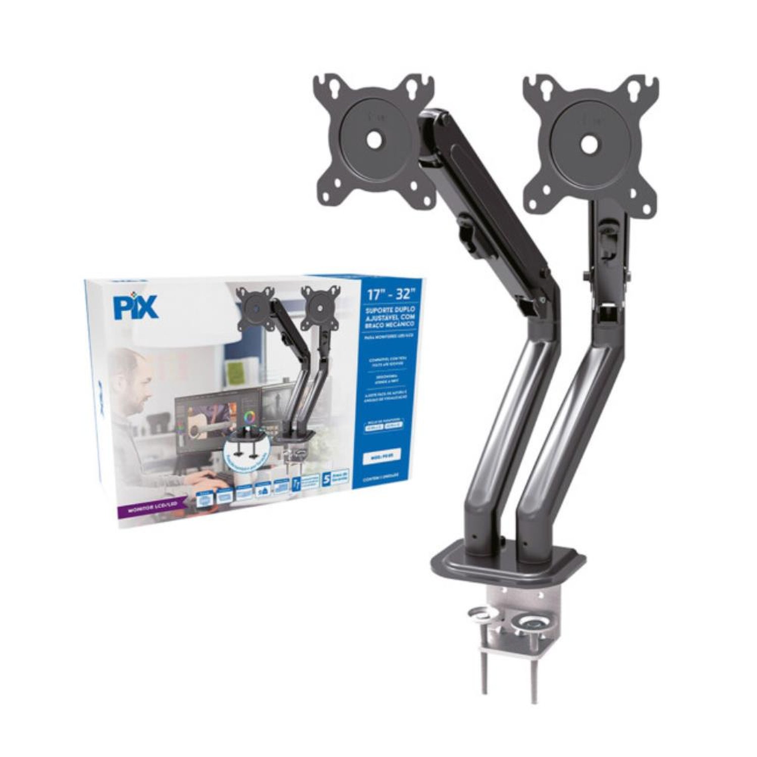 Suporte para 2 Monitores Pix, Braço Mecânico e Articulado, de 17 a 32¿ Polegadas, 079-0037