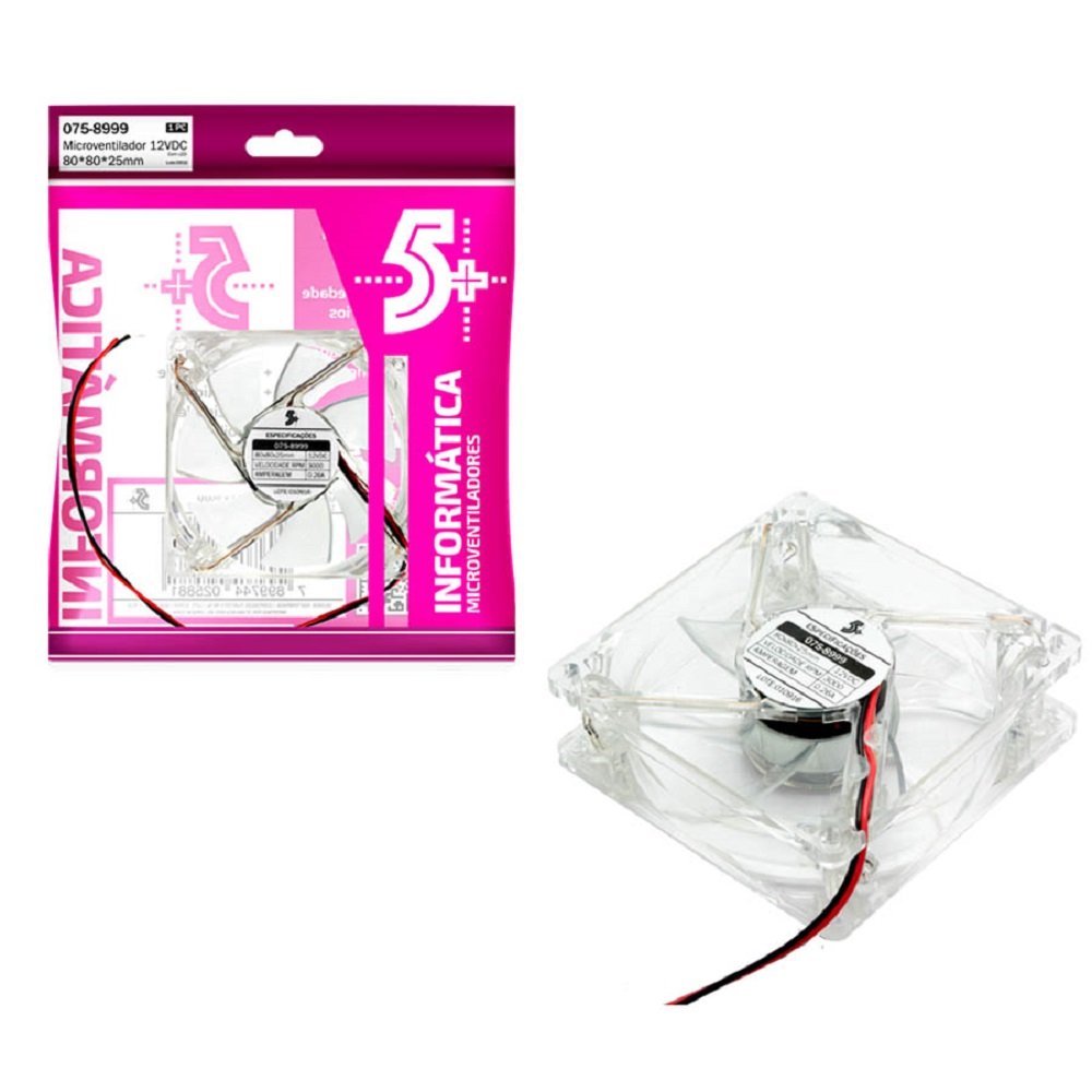 Microventilador 80 X 80 X 25mm 12V - Transparente Com LED Branco