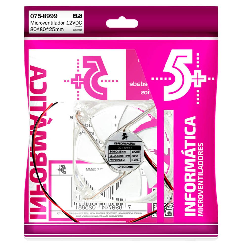 Microventilador 80 X 80 X 25mm 12V - Transparente Com LED Branco