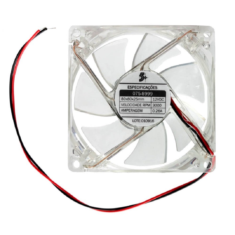 Microventilador 80 X 80 X 25mm 12V - Transparente Com LED Branco
